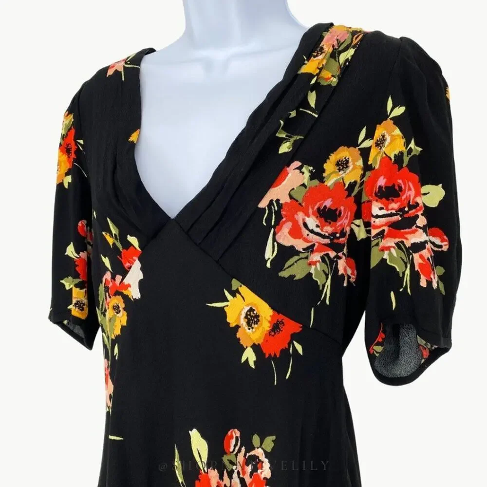 Free People Neon Garden Floral Mini Dress Size 4 Boho Puff Sleeve